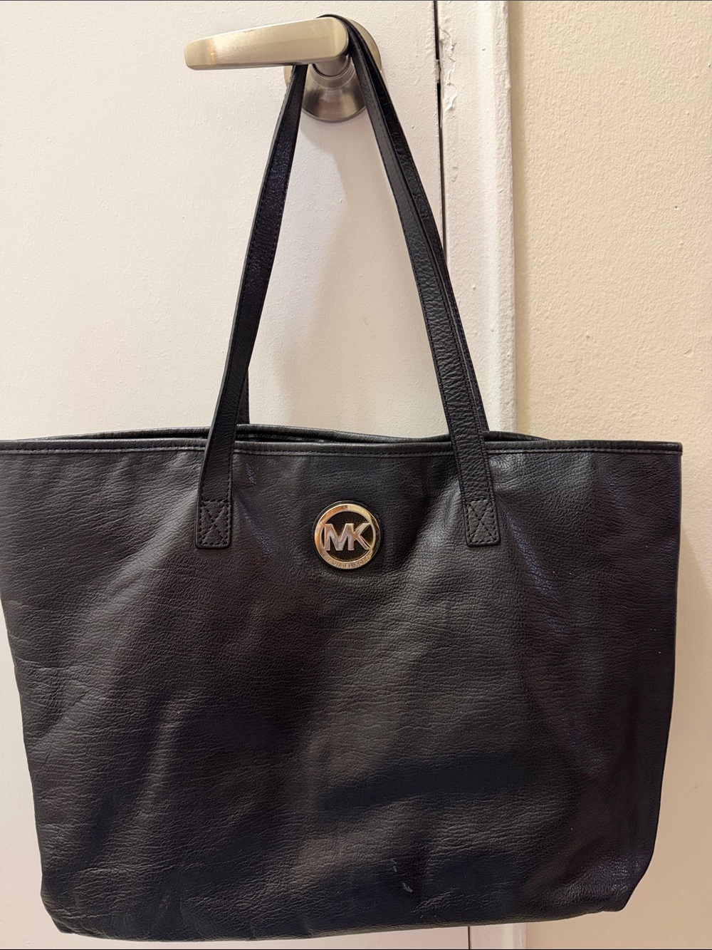 Michael Kors Black Leather Tote with Gold MK Medallion